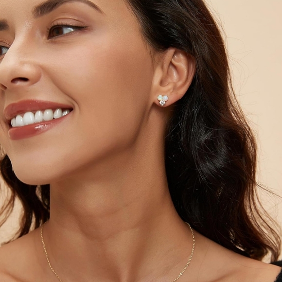 925 Sterling Silver 14kt Gold Plated Opal Earrings - Picture 5 of 5